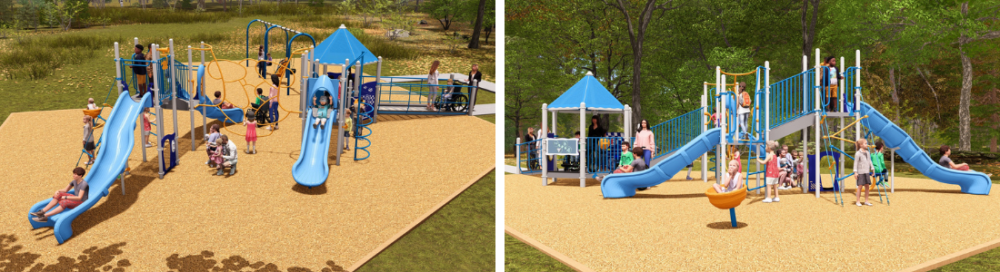 Two concept renderings of a proposed playground design at High Castle Park. The playground features accessible ramps, slides, climbing structures, sensory play panels and areas designed for children of all abilities. Children and caregivers are shown actively using the equipment in a natural park setting.
