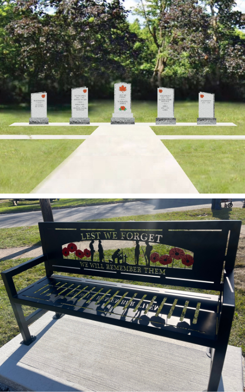 top rendering of memorial with 5 stones bottom black iron bench with Lest We Forget We will remember them and some poppies and figures of soldiers